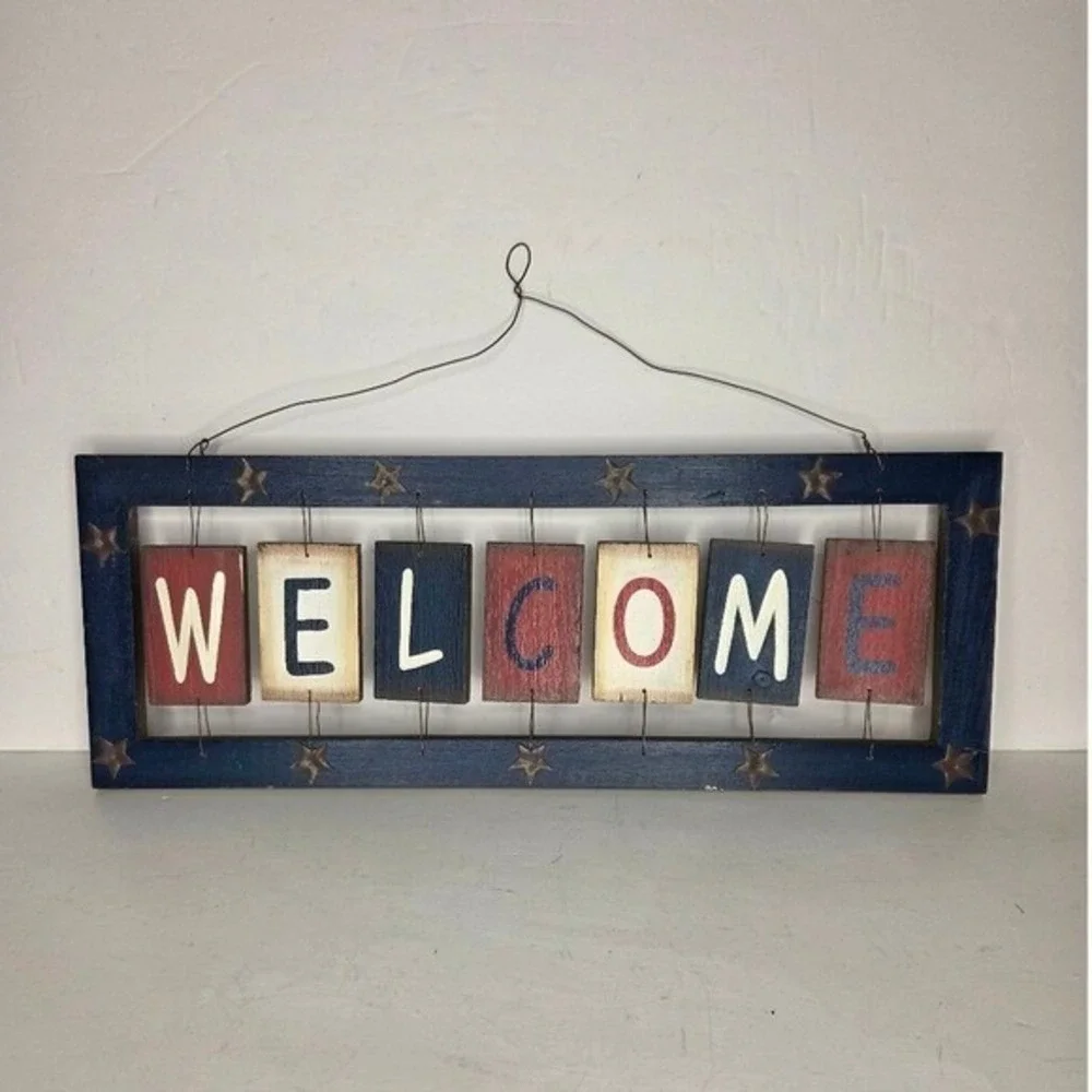 Rustic Americana Wood Welcome Sign Patriotic Red White Blue Star Wall Decor 20in